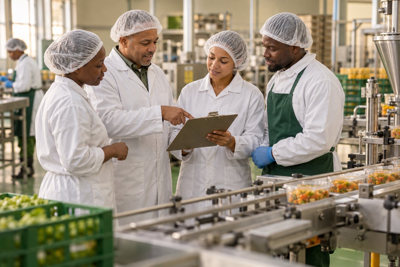 Illustration of a manufacturing team reviewing workplace procedures
